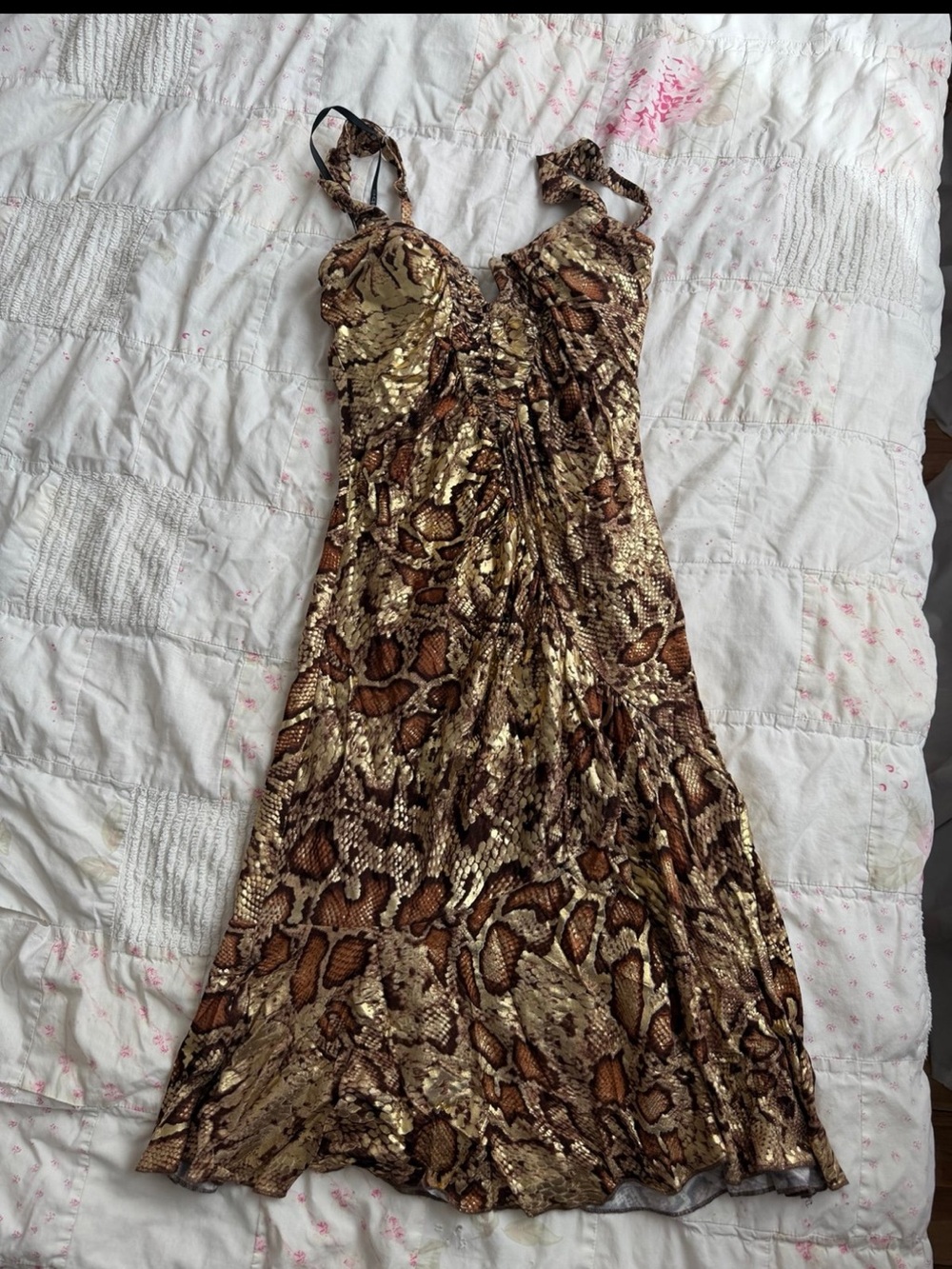 bebe Gold and Brown Sequin Snake-Print Midi Dress